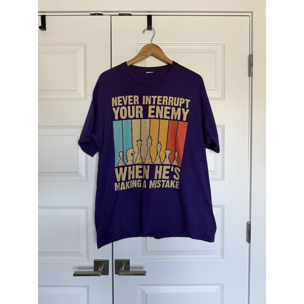 Funny Chess Never Interrupt Your Enemy Mens Cotton T-Shirt XL Purple Retro